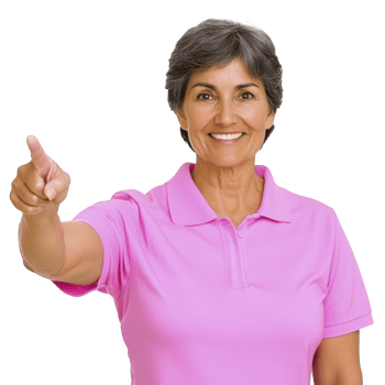 A Smiling older woman in pink polo shirt giving thumbs up gesture, expressing positivity and confidence. Her short gray hair complements her cheerful demeanor png