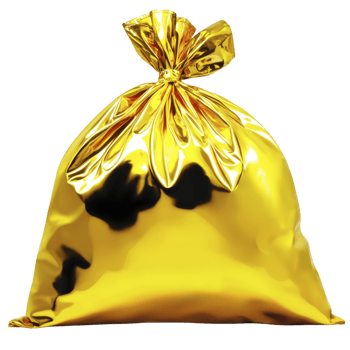shiny gold garbage bag is tied at top, reflecting light and creating luxurious appearance. bag metallic sheen contrasts with its utilitarian purpose, adding touch of glamour png