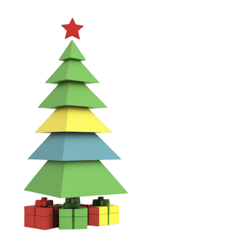 colorful geometric Christmas tree with red star on top and presents underneath, evoking festive and modern holiday spirit png