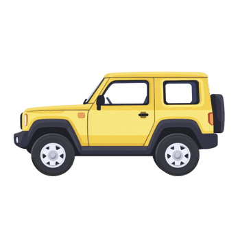 bright yellow compact SUV is depicted side view, showcasing its rugged design and off road capabilities. vehicle features boxy shape, large tires, and spare tire mounted rear, emphasizing its png