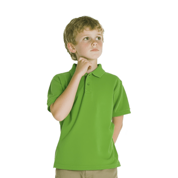 young boy in green polo shirt stands thoughtfully with his hand on his chin, looking upwards. background is plain, emphasizing his contemplative expression png