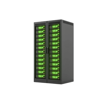 server rack with glowing green lights indicates active data processing and storage. sleek design and vibrant illumination suggest modern, efficient data center environment png