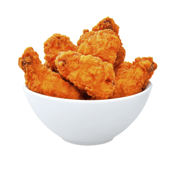 Crispy fried chicken pieces in white bowl, showcasing golden brown texture and appetizing appearance. Perfect for delicious meal or snack png
