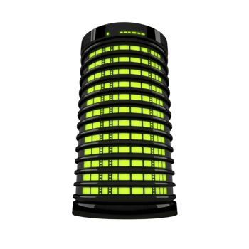 glowing cylindrical tower with futuristic design, featuring bright green illuminated windows and sleek, modern structure. tower exudes sense of advanced technology and innovation png