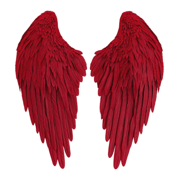 Red angel wings with detailed feathers create striking and vibrant image, symbolizing freedom and fantasy. intricate design and bold color evoke sense of wonder and imagination png