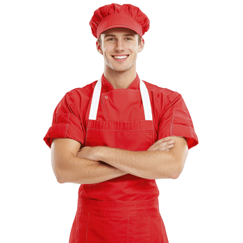smiling chef in red uniform and hat stands confidently with arms crossed, conveying professionalism and friendliness. attire suggests culinary setting, emphasizing expertise png