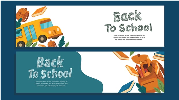 Two horizontal banners showing school bus backpack books and back to school message vector