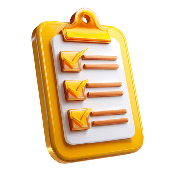 Golden clipboard with check marks and lines on transparent background rendered png