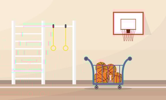 Cart of basketballs in a gym vector