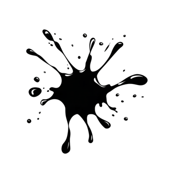 black ink splatter with irregular edges and droplets radiating outward, creating abstract and dynamic design. splatter is set against transparent background, making it versatile for various png