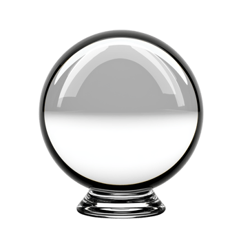 clear glass crystal ball with reflective surface sits on small stand, often used for fortune telling or decoration. sphere transparency and smooth texture create elegant appearance png