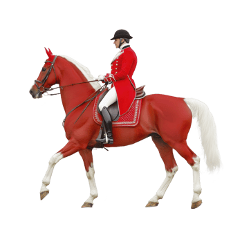 person in red riding outfit is elegantly riding brown horse with white markings. horse is adorned with matching red saddle pad and bridle, showcasing sense of style and coordination png