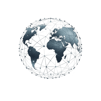 digital globe with interconnected lines and nodes represents global connectivity and communication. network structure highlights concept of worldwide data exchange png
