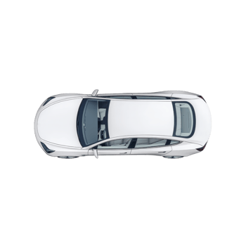 Aerial view of sleek white sedan car with sunroof, showcasing its modern design and clean lines. car is parked on plain background, emphasizing its elegant appearance png