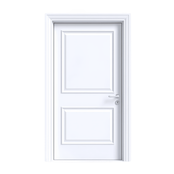 white wooden door with classic panel design and silver handle, standing closed against plain background, exudes simplicity and elegance png