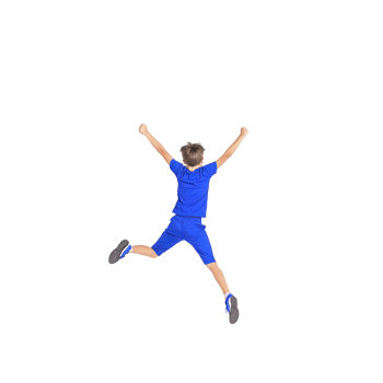 young boy in blue sports outfit is joyfully jumping with arms raised, expressing excitement and energy. background is transparent, highlighting his dynamic pose png