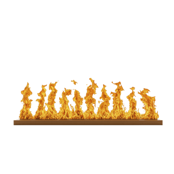 row of vibrant orange flames dances energetically on flat surface, creating striking visual of fire. flames are isolated against transparent background, emphasizing their dynamic movement png