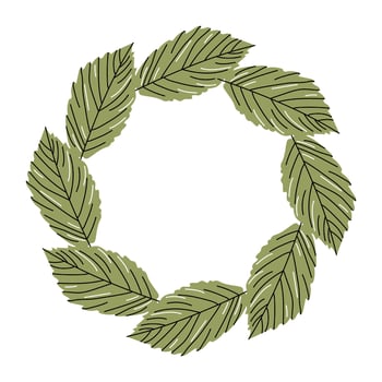 Green round wreath made of raspberry leaves. Natural hand drawn botanical element for eco design and packaging. vector