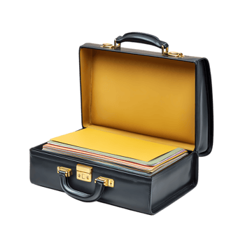 Black leather briefcase filled with documents isolated on transparent background png