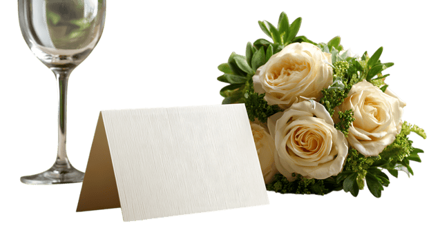 Blank place card with cream roses and wine glass isolated on transparent background png