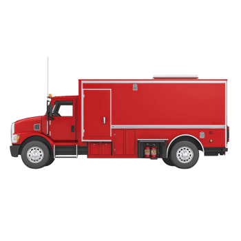 red fire truck with large storage compartment and emergency equipment is shown in side view. vehicle is designed for firefighting and rescue operations, featuring robust build and essential tools png