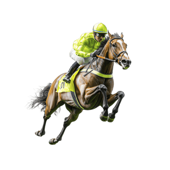 jockey in vibrant green attire rides powerful racehorse, showcasing speed and determination. dynamic pose captures thrill of horse racing, highlighting bond between rider and horse png