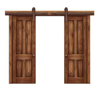 rustic wooden sliding barn door with natural finish and metal hardware, perfect for adding touch of farmhouse charm to any interior space png