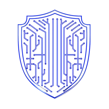 This features blue shield with circuit board design, symbolizing digital security and technology protection. intricate pattern suggests focus on cybersecurity and innovation png
