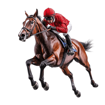 jockey in red uniform rides galloping brown horse with determination and focus, showcasing dynamic energy of horse racing. scene captures thrill and speed of sport png