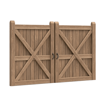 wooden double gate with rustic design features diagonal cross bracing and metal handles, providing sturdy and traditional appearance. natural wood texture adds warmth and charm png