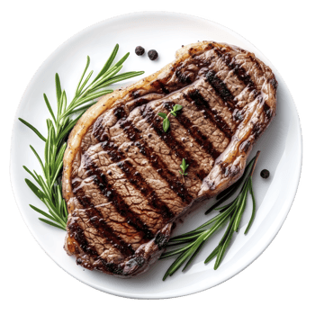 Grilled ribeye steak on white plate garnished with fresh rosemary and peppercorns, showcasing juicy, perfectly seared meat with grill marks png