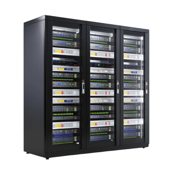 sleek, modern server rack filled with various network equipment and blinking lights, showcasing advanced technology in data center environment png