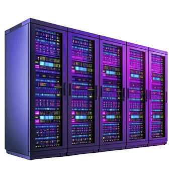 row of illuminated server racks with vibrant purple and blue lights showcases advanced technology in data center environment. sleek design emphasizes modern computing power png