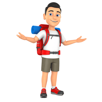 Smiling cartoon male backpacker character and hand gestures 3D Icon png