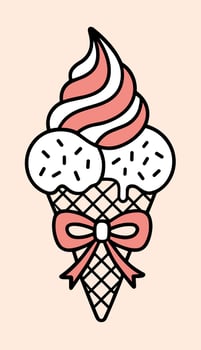 Ice cream cone pink coquette drawing strawberry vanilla flavor cornet with bow cute kawaii preppy fancy girly summer sweets treat aesthetic black doodle illustration vector