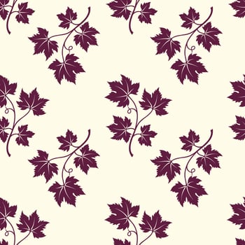 Burgundy grape branches on light cream background, pattern with silhouette of grape vine. Textile. vector