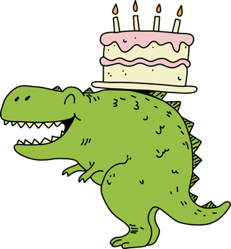 Cute dinosaur cartoon carrying birthday cake on his back. Funny animal character celebrating holiday party. png