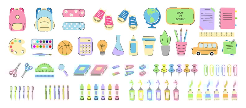 Colorful school supplies and icons illustration vector