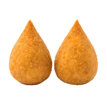 Two golden brown chicken coxinha appetizers a neutral png