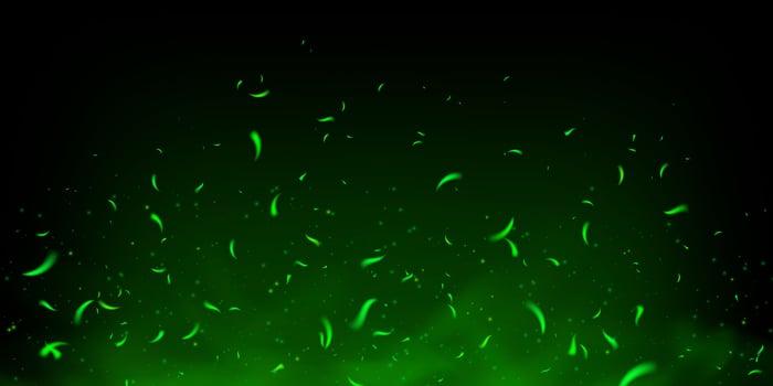 Glowing green sparks and magical fire effect with smoke, fog and toxic poison mist. Abstract dark background with flying particles, neon shine and festive fairylight texture. illustration vector