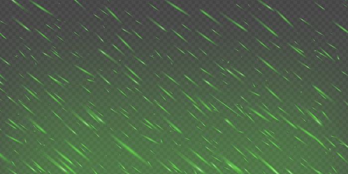 Green magical spark and fire effect on dark smoky background. Glowing particles and ember flames. Toxic fog, fairy glitter and neon light add fantasy and mystery. Abstract festive dynamic scene vector