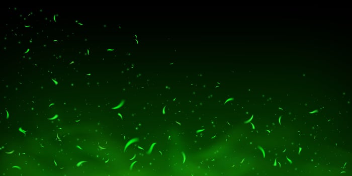Green magical fire sparks and glowing embers. Toxic poison smoke, fog and abstract particles on black background. Fantasy 3D effect with shiny flare, fairytale energy and neon light overlay. vector