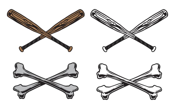 Baseball bat and crossbones design set vector
