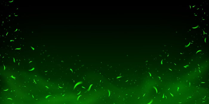 Green magic fire and glowing sparks with flame and toxic fog. Dark fantasy background with flying particles, neon glow, bokeh and ember effect. Abstract festive texture with energy burst. vector