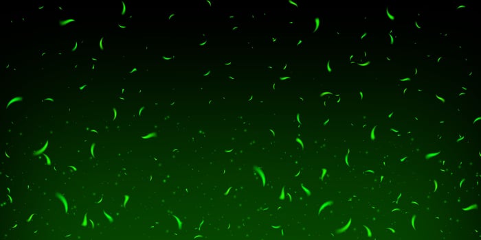 Green magical spark and fire effect on dark smoky background. Glowing particles and ember flames create abstract festive scene. Toxic fog, fairy glitter and neon light add fantasy and mystery. vector