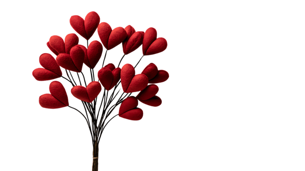 A beautiful bunch of red felt hearts on thin dark stems tied with twine isolated on transparent background png