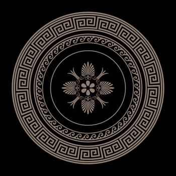 Greek classic gold round pattern frame plate with pattern in center. Greek meander. Circle european border. Patterns of Greece, ancient Rome. Classic egyptian, assyrian, greek motives vector