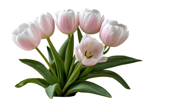 A delicate bouquet of soft pink and white tulips with vibrant green leaves isolated on a transparent background isolated on transparent background png