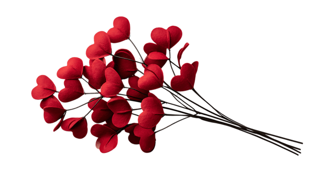 A delicate bunch of small red felt hearts on thin wires arranged artfully against a dark background isolated on transparent background png