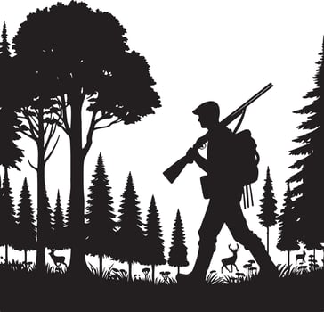 Silhouette of Hunter Walking in Dense Forest with Rifle on Shoulder. vector